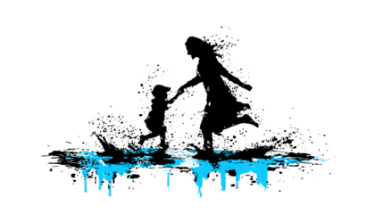 A playful mother and child jumping in puddles, outlined in ink with splatter effects, isolated on white background