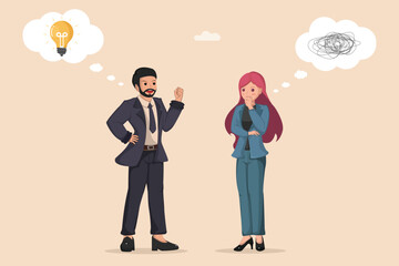 Business individuals with contrasting thought processes one with a bright idea, the other with confusion.