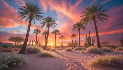 Fototapeta premium Desert landscape with palm tree and sunset