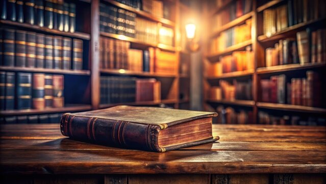 Old leather bound book resting on a wooden shelf in a dimly lit library with soft focus background , vintage books, bibliophile's delight