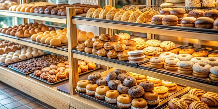 Display case filled with assorted gourmet donuts and freshly baked bread loaves in a beautifully decorated boutique bakery shop , fresh bread, artisanal treats
