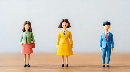 Naklejka premium Miniature Business Figures Illustrating Teamwork and Leadership Concepts in Diverse Office Settings with Professional Attire and Creative Collaboration Dynamics