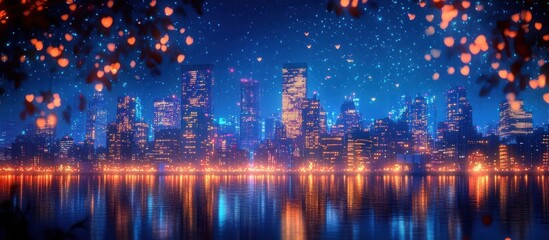 Breathtaking panoramic view of a glowing vibrant cityscape reflected in the calm waters of a river at dusk