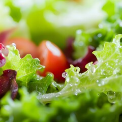 Fresh salad with tomatoes, green leaves of lettuce and rukola. Macro close up with selective focus