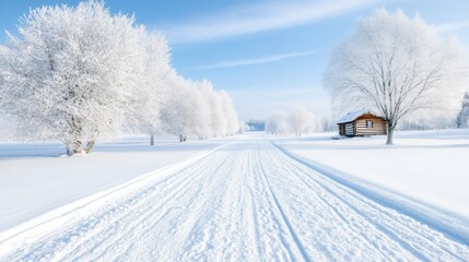 Obraz premium Snowy winter landscape with a country road. A picturesque scene of a pristine, snow-covered road leading to a cozy wooden cabin, surrounded by frosted trees under a bright blue sky