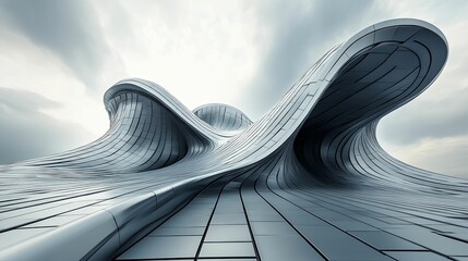 Modern, metallic structure with flowing architectural forms.
