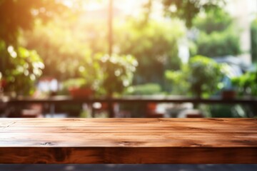 Fototapeta premium Sunlit wooden table outdoors with blurred greenery and plants in the background, creating a warm, inviting atmosphere.