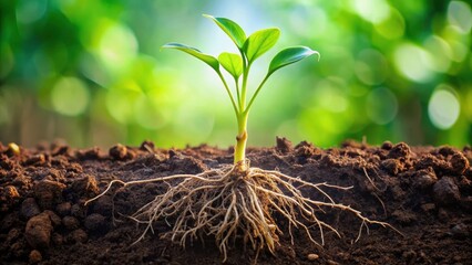 Fototapeta premium Root system growing out of damp earth, new green shoots and tender roots unfolding in a natural process, plant development, organic growth