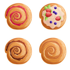 A delicious sweet bun set on a white background. The concept of confectionery, baking, cooking. Isolated vector illustrations for menu design, posters, banners, covers