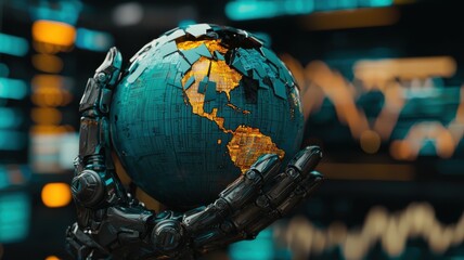 A robotic hand holds a digital globe with circuit patterns, symbolizing artificial intelligence and global technology integration.
