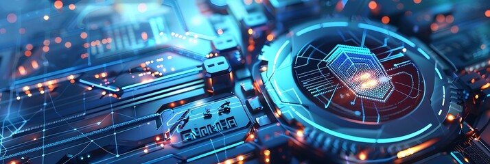 Glowing blue futuristic shield icon or HUD element integrated into a complex technological circuit board surface. Represents cybersecurity or advanced tech interface.
