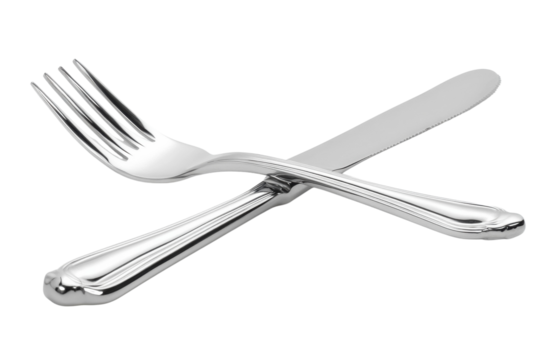 Elegant silver fork and knife crossed gleaming on white background ready for a delicious meal