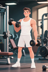 Boy in white vest lifting dumbbells in gym