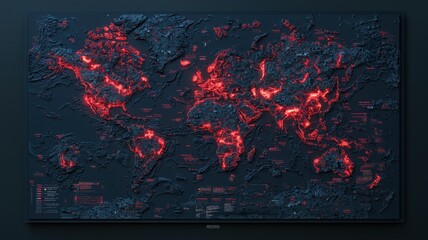 A dark world map with glowing red lines highlighting tectonic plate boundaries and seismic activity zones.