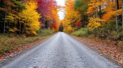 Obraz premium Autumnal country road through colorful forest. A gravel road stretches into a vibrant autumnal forest, alive with fiery reds, oranges, and yellows. Sunlight filters through the canopy,