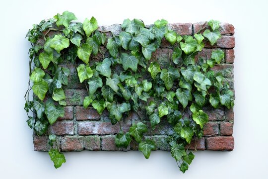 Lush green ivy plants climbing and covering an old, mossy brick wall.