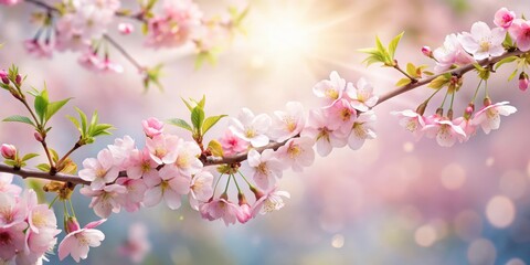 Soft pink cherry blossom branch against a soft white cloudy background with gentle warm sunlight filtering through the leaves and petals , floral wreath, blossoming spring