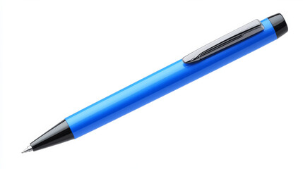 Blue pen isolated cleanly against a white backdrop
