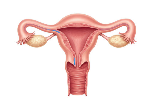 Illustration showing the female reproductive system with uterus and ovaries diagram isolated on transparent background