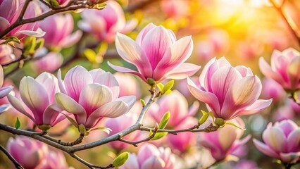 Obraz premium Delicate pink magnolia flowers unfold their petals in a vibrant spring display, showcasing intricate details and soft colors