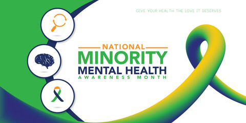 Minority Mental Health Awareness Month. Vector web banner for social media, poster, card, flyer. Text Minority Mental Health Awareness Month, July. Human head, a plant with leaves on white background.