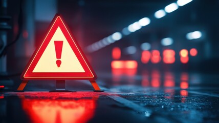 A red triangular warning sign with an exclamation mark stands in a dimly lit, wet tunnel with blurred red lights in the background.