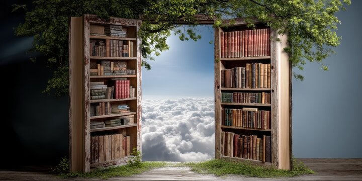 A wondrous doorway to a library in the clouds.