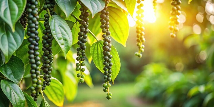 Black pepper fruits hanging from a tree branches in lush green garden with sunlight filtering through leaves, plant life, nature landscape