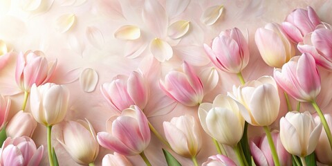 Obraz premium Soft pink and creamy white tulip petals create a beautiful swirl pattern on this elegant wallpaper background