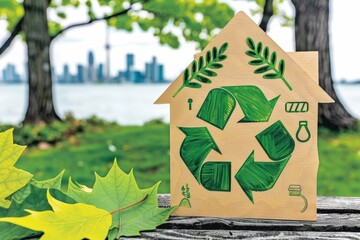 Recycling symbol in a house silhouette with nature backdrop.