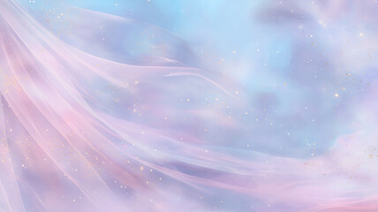 Pastel sky blue and lavender background with soft flowing tulle and glitter particles, dreamy and elegant abstract scene for feminine branding or romantic design