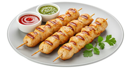 Isolated Grilled Chicken Skewers with Sauces
