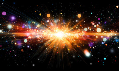 Fototapeta premium Brilliant burst of light and colorful particles radiating from a central point, creating a dynamic, festive, and cosmic abstract explosion effect