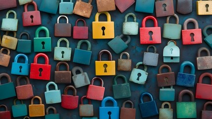 Diverse collection of colorful locks symbolizing digital security and innovation