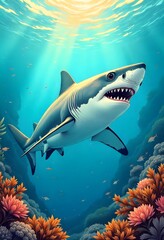 Fototapeta premium Shark in the sea under water with small fish coloring book cover