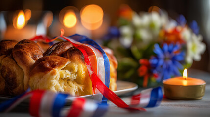 Traditional Slovenian potica cake with festive ribbons, glowing candlelight, alpine wildflowers; celebrating national pride and heritage.