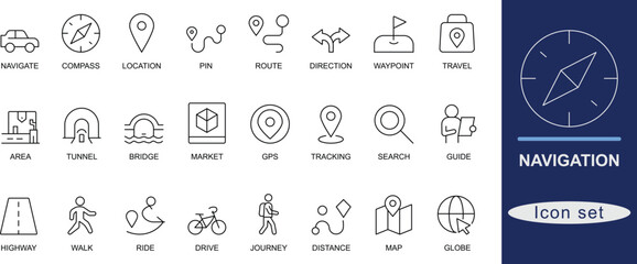 
Navigation icon set. Featuring location, GPS, route, direction, map, tracking, journey, compass, and travel visuals. Ideal for UI, apps, and transportation designs.