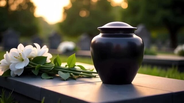 A black funeral urn on a tombstone with white flowers, in a graveyard with green grass and trees in the background