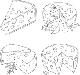 Line art illustration of various cheese types, including wedges and wheels, some with herbs. Simple black and white design.