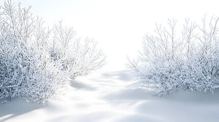 Serene winter landscape with snow-covered shrubs snowy terrain horizontal pure white background