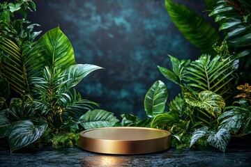 
Golden podium surrounded by lush greenery, creating a luxurious natural setting for showcasing high-end beauty products and cosmetics.