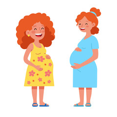 Vector illustration of two happy pregnant women standing and smiling. Cartoon characters with red hair, wearing colorful dresses, gently holding their baby bumps. Flat style, isolated on white backgro