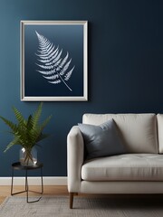 A framed silver fern botanical illustration hangs on a deep teal wall above a light gray sofa with pillows and a potted plant.


