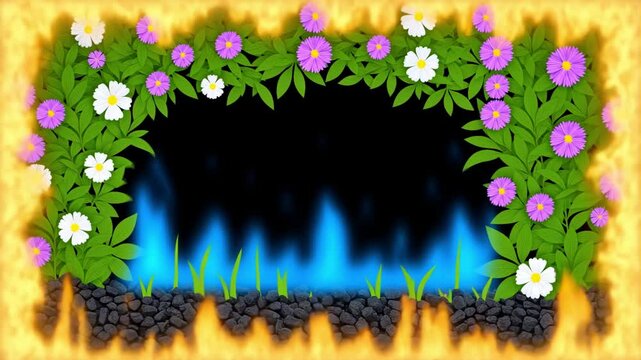 Floral vine frame with outer fire border, blue flames rising from pebbles