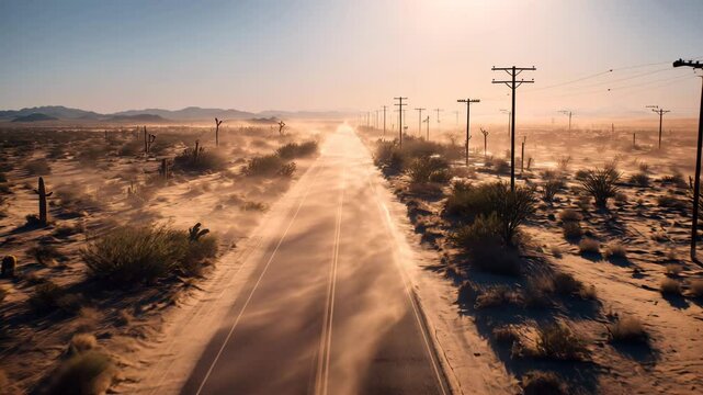 【AI動画】砂漠地帯を縦断する舗装道路を上空から撮影、荒れ地と点在するサボテン・電柱、砂嵐が吹き抜ける風景
