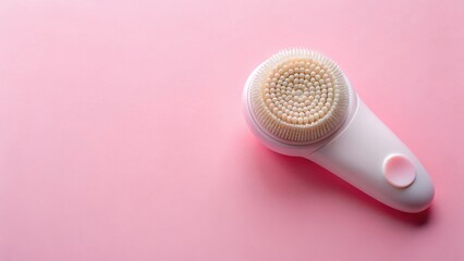 Gentle facial cleansing brush with soft bristles and ergonomic design gently massages skin on a soft pink background , facial