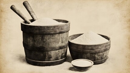 Vintage of traditional rice milling and flour production.