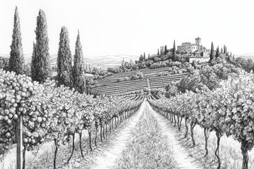Tuscan Vineyard Landscape Drawing