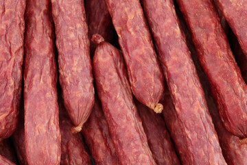 Background of Beef Bavarian Sausages close-up, food concept for backgrounds and backdrops