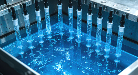 Test tubes filled with blue chemical solution arranged in lab rack scientific research. Chemical testing, scientific experiment, lab setup concept.